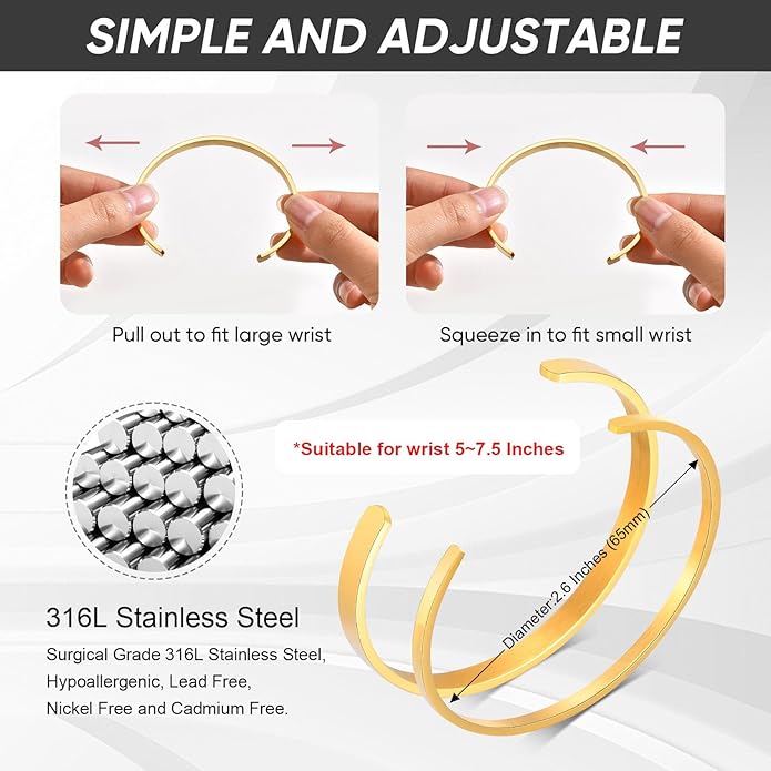MEALGUET Stainless Steel Mens Cuff Bracelet : Minimal Cool Silver/Black/Gold Plated Open Metal Cuff Bangle Bracelets for Men,Mens Bracelet Jewelry Gift