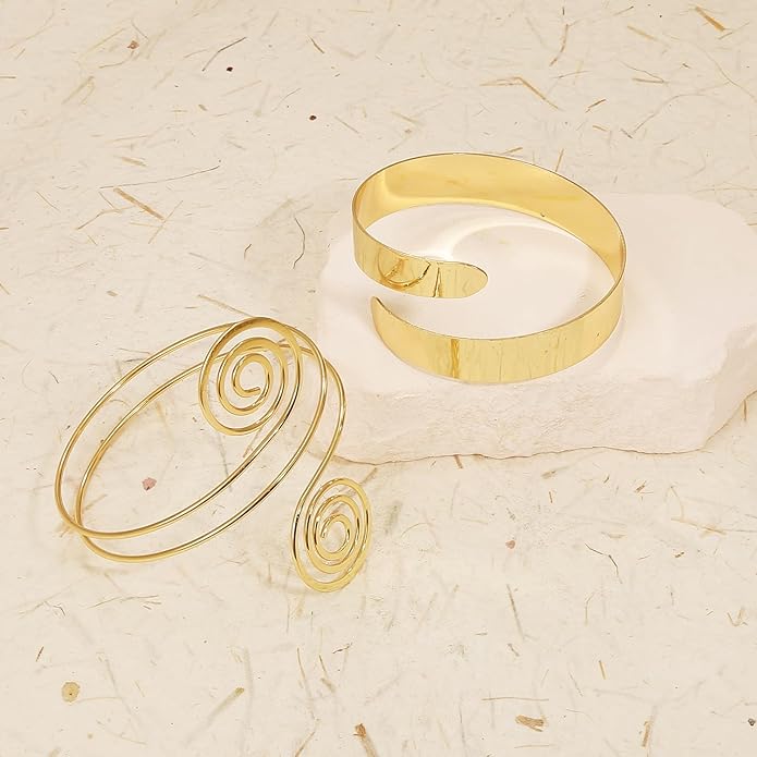 BROCC 2PCS Gold Coil Swirl Upper Arm Bracelet for Women Open Upper Arm Cuff Bangle Armlet Gold Silver Adjustable Armband Bracelet Set