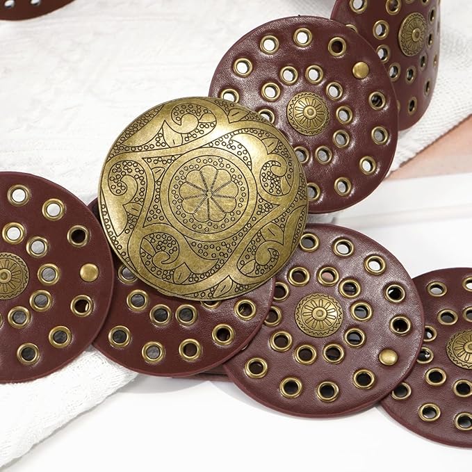 Wide Disc Belt for Women Vintage Hollow Boho Leather Belt Western Chunky Waist Belt Cowboy Metal Buckle Concho Belts