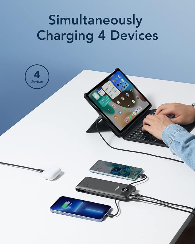 VEGER Portable Charger for iPhone Built in Cables and Wall Plug, 10000mah Slim Fast Charging USB C Power Bank, Travel Essential Battery Pack Compatible with iPhones, iPad, Samsung More Devices(Black)