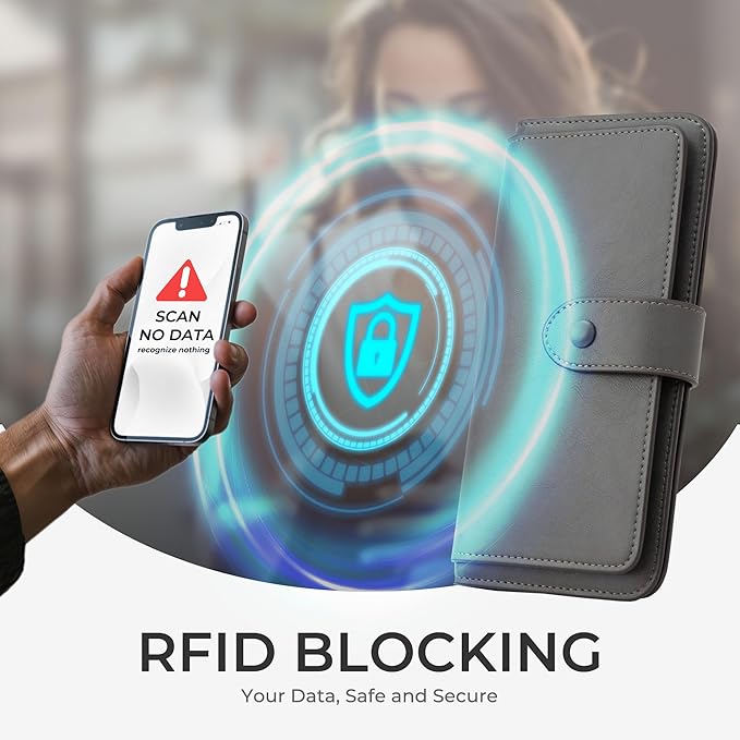 RFID Blocking Leather Wallet for Women, Slim Trifold with 14 Card Slots and Zipper Pocket (Grey)