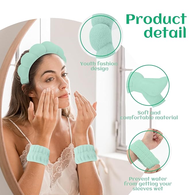 Spa Headband & Wristband Set，Makeup & Skincare Headbands for Washing Face，Face Wash Head band for Women，Hair Accessories for Women，Cute Hair Band for Girls 4 Pcs