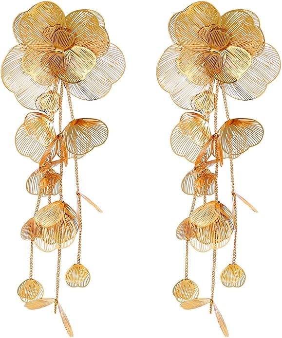 Chunky Flower Earrings 14K Gold Plated Geometry Petal Earrings Vintage Hollowing Out Layered Dangle Earring Fashion Exaggeration Jewelry for Women