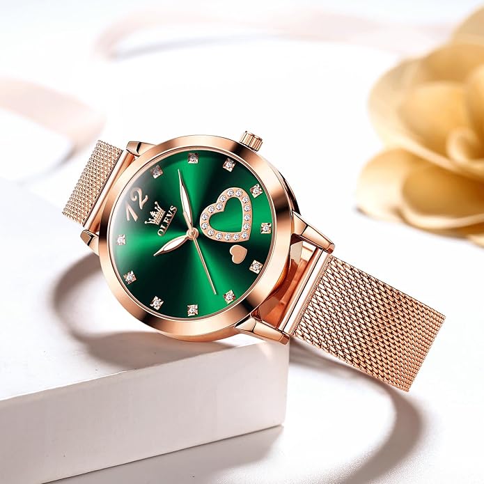 OLEVS Women's Small Wrist Rose Gold Tone Watch - Cute Diamond Heart Arabic Numerals Dial, Fashion Waterproof Mesh Bracelet Analog Dress for Ladies
