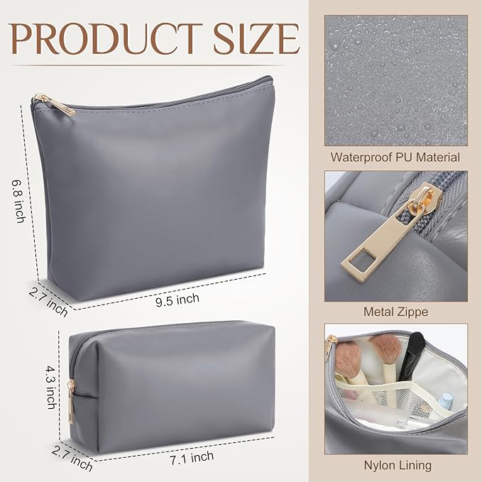 Kigeli 2 Pcs PU Leather Makeup Bag Set for Women Aesthetic Cosmetic Bag Small Toiletry Travel Pouch for Purse Emergency Skincare Organizer Valentine Gifts for Bridesmaid Birthday(Gray)