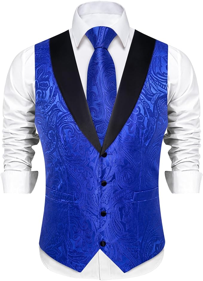 DiBanGu Mens Paisley Suit Vest Silk Jacquard Waistcoat and Necktie Set Formal Shawl Collar Dress Vest 7PCS for Wedding Party