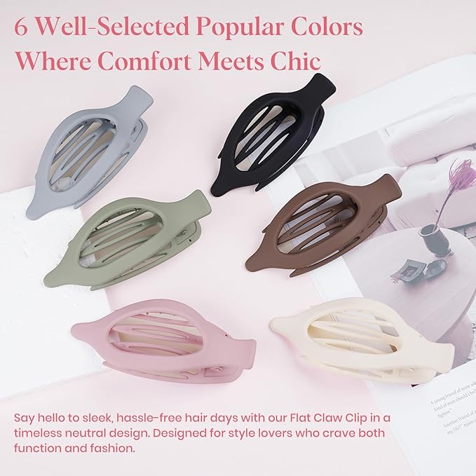 6 PCS Large Flat Hair Clips for Women Girls, French Concord Lay Down Claw Clips for Thick Thin Hair, Comfortable Curved Lay Flat Clips, Matte Non-slip Strong Hold Hair Accessories, Colorful