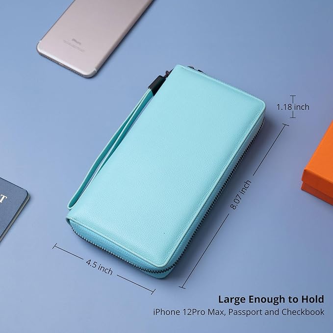 Women's Genuine Leather RFID Blocking Zip Around Wallet with Phone Pocket Large Capacity Travel Wristlet (Light Blue)