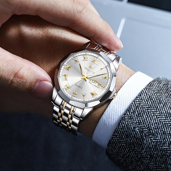 OLEVS Classic Men Watches with Date,Stainless Steel Man Watch with Date, Bussiness Watches for Men,Luminous Quartz Mens Watches Black/White/Blue/Gold, Waterproof Male Watch with Week