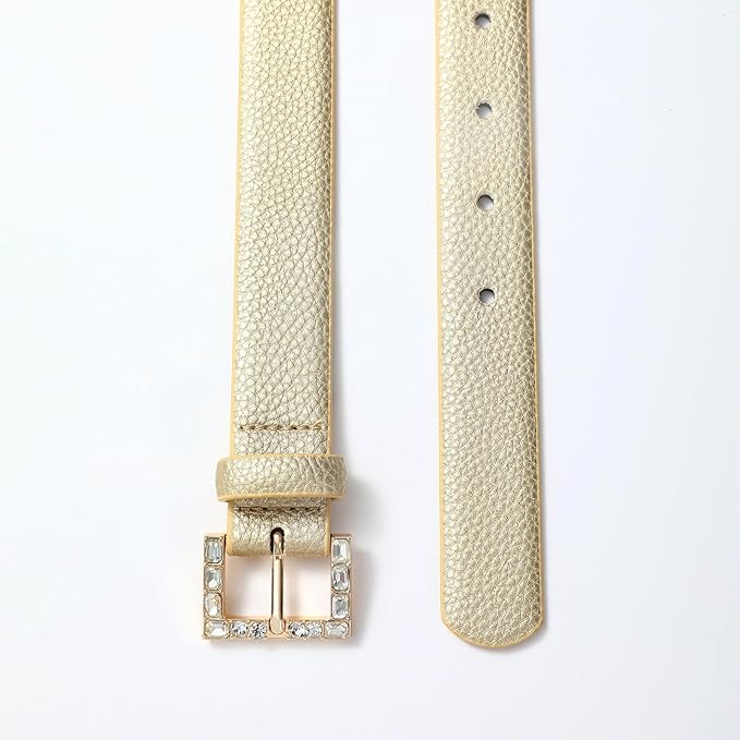 Women Casual Leather Gold Belt for Jeans Pants, Fashion Ladies Girls Gold Faux Leather Waist Belt