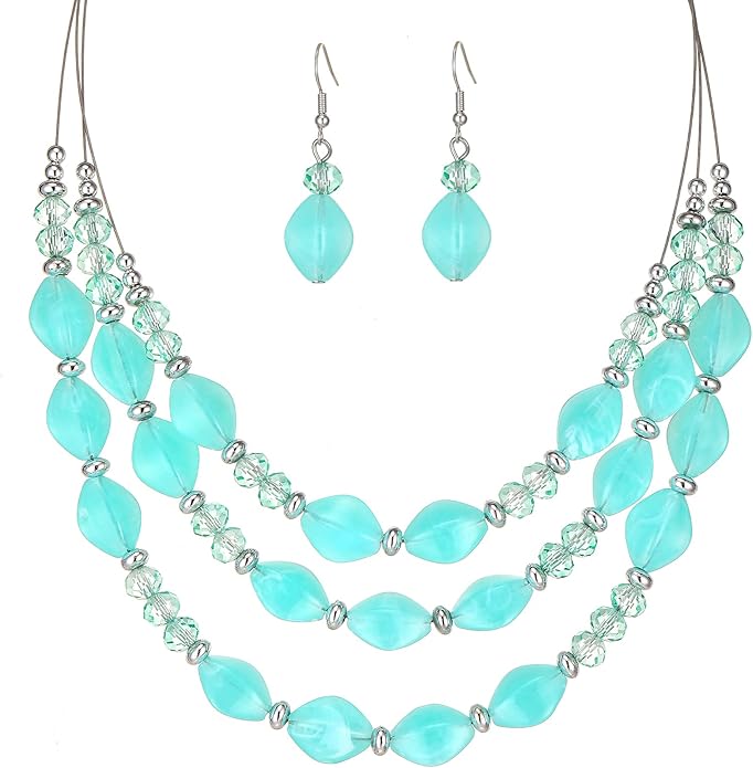 3 Layered Chunky Statement Necklace for Women Beaded Strand Necklaces with Earring Fashion Costumes Collar Necklace Jewelry Sets Gifts for Women