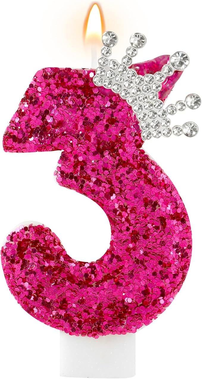 Hot Pink Birthday Candles Crown Number 3 Candle Birthday Party Decorations Cake Topper Cupcake Decor for Anniversary Celebrations Supplies