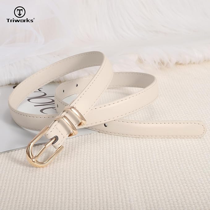 2 Pack Women Skinny Leather Belts for Jeans Pants Thin Faux Leather Belt with Gold Buckle