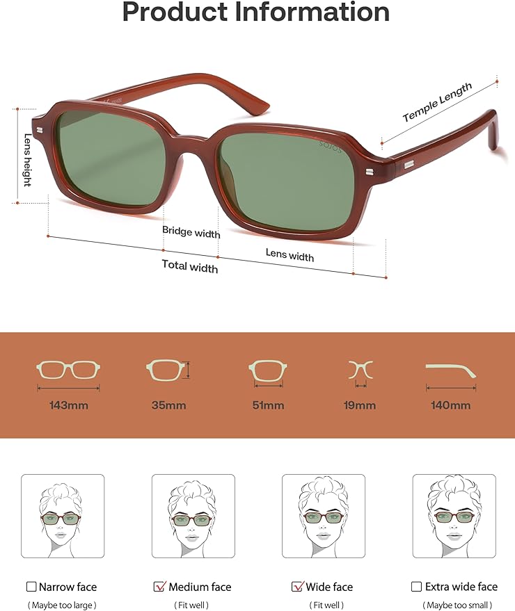 SOJOS Trendy Rectangle Polarized Sunglasses Womens Mens, Small Retro Fashion Thin Slim Square Sunnies SJ2610
