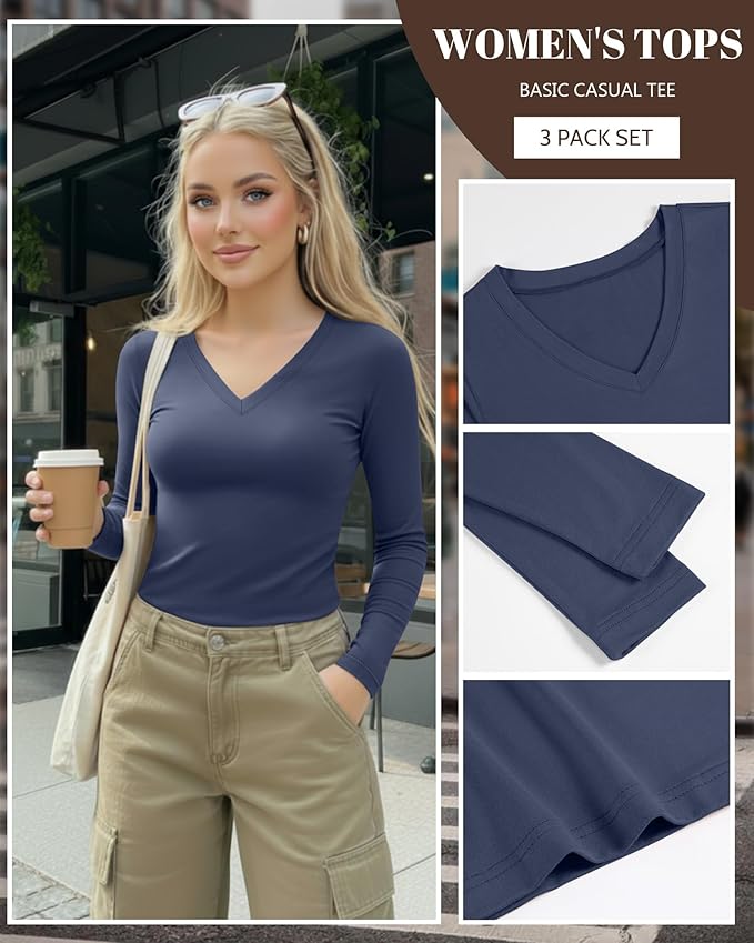Ficerd 3 Pack Women's Long Sleeve Shirts, V Neck Basic Tees Slim Fitted Casual Fall Tops Going Out Blouses T Shirts