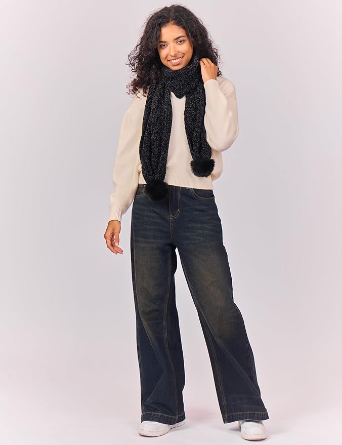 Womens Chenille Scarf with Pompom Winter Knit Warm Scarves for Cold Weather with Gift Box