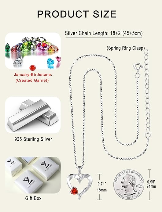 YL Heart Necklace 925 Sterling Silver Love Heart Pendant Birthstone Jewelry for Women