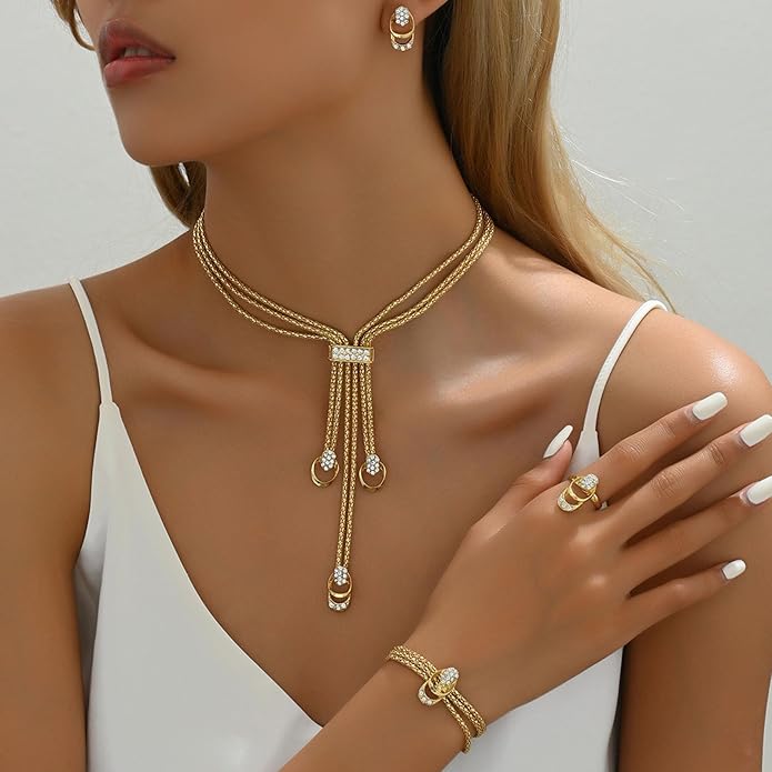 Gold Long Choker Necklace Set Gold Irregular Necklace Earrings Bracelet Fashion Chain Punk Jewelry Accessories for Women Valentine Anniversary Birthday Friendship Gift