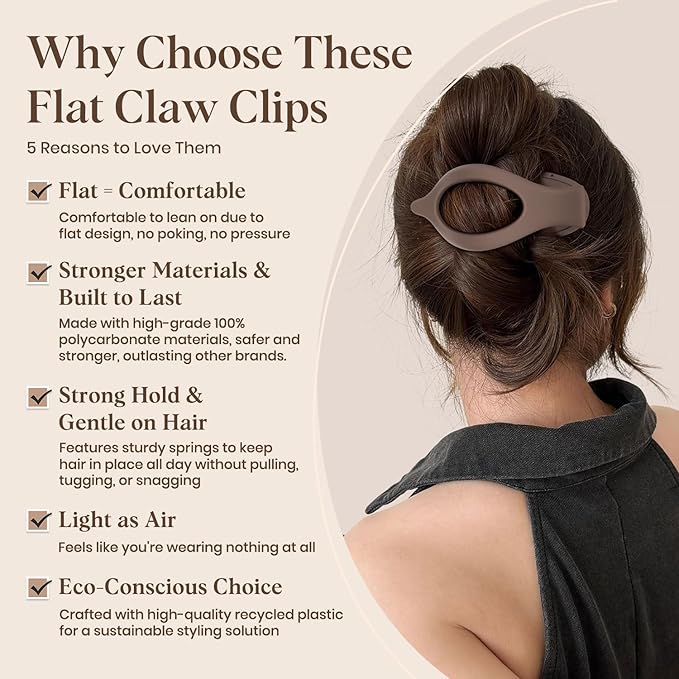 4 PCS Large Flat Hair Clips for Women Girls, French Concord Lay Down Claw Clips for Thick Thin Hair, Comfortable Curved Flat Hair Clips, Matte Non-slip Strong Hold Hair Accessories, Neutral