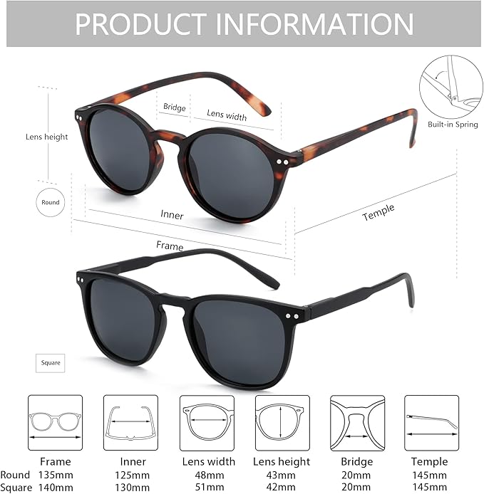 ZENOTTIC Polarized Sunglasses for Women Men: Retro Shades Round | Square Frame UV Protection 2 Pack