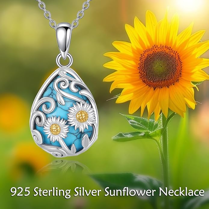 YFN Black Obsidian/Moonstone/Turquoise/Moss Agate Sunflower Filigree Teardrop Pendant Necklace Jewelry for Women - 925 Sterling Silver