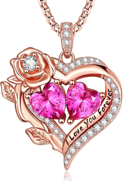 Rose Heart Necklaces for Women, Rose Gold Forever Love Jewelry with 2 Birthstones Pendant, Christmas Anniversarry Birthday Gifts for Her Wife Mom Grandma, 18+2 Inch Chain