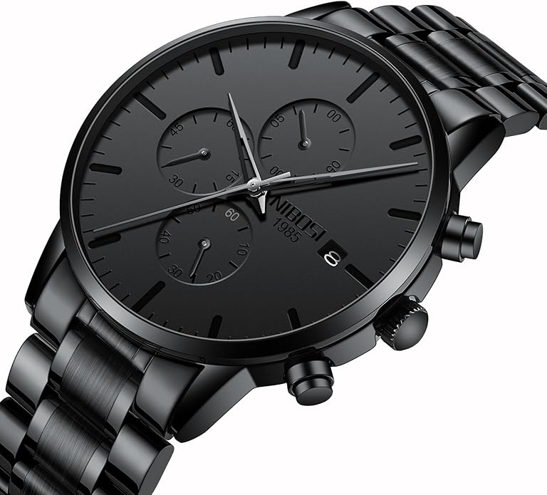 NIBOSI Men's Watches Analog Minimalist Black Dial Watches for Men Business Chronograph Military Casual Wrist Watches Stainless Steel Strap Date