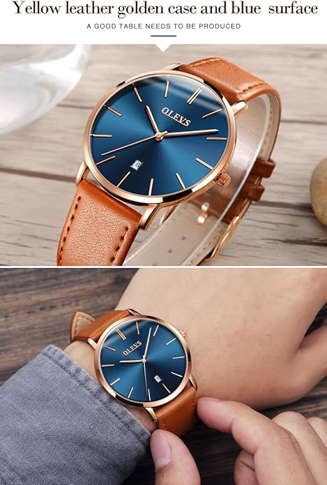 OLEVS Mens Watches Minimalist Ultra Thin Fashion Casual Analog Quartz Date Watch Waterproof Slim Simple Big Face Dress Wrist Watch Leather Band for Men