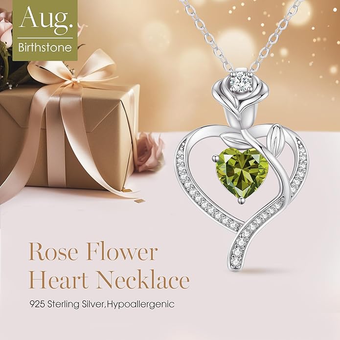 LOUISA SECRET Rose Flower Heart Birthstone Necklaces for Women, 925 Sterling Silver Fine Jewelry, Pendant Heart Necklaces Birthday Anniversary Christmas Gift for Women Wife Mom Girlfriend Lady