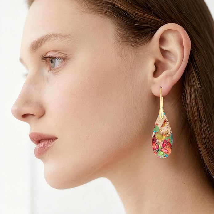 Emperor Stone Dangle Earrings for Women - Natural Healing Crystal Earrings with Gold Fishhooks in Soothing Colors, Unique Personalized Valentine‘s Day Gift Set for Her