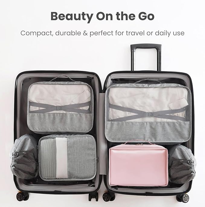 Travel Makeup Organizer Bag, Large Capacity Cosmetic Bags with Multiple Compartments, Open-Flat Toiletry Bag Portable Waterproof Pouch for Women Beauty Essentials (Pink)