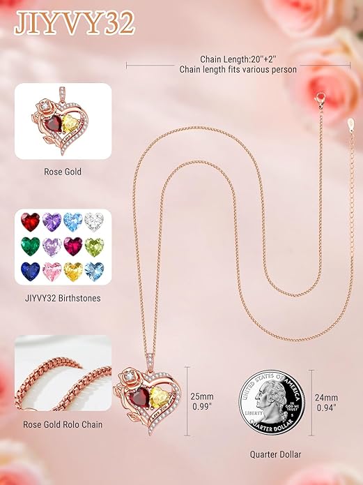 Rose Heart Necklaces for Women, Rose Gold Forever Love Jewelry with 2 Birthstones Pendant, Christmas Anniversarry Birthday Gifts for Her Wife Mom Grandma, 18+2 Inch Chain