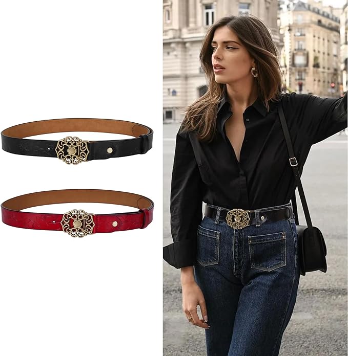 Women's Fashion Classic Metal Buckle Leather Belt with Jeans Dress
