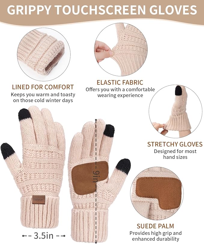 Remifa Winter Beanie Hat Scarf Gloves Set for Women, Slouchy Pom Pom Hat Long Knit Scarf Touchscreen Gloves Christmas Gifts