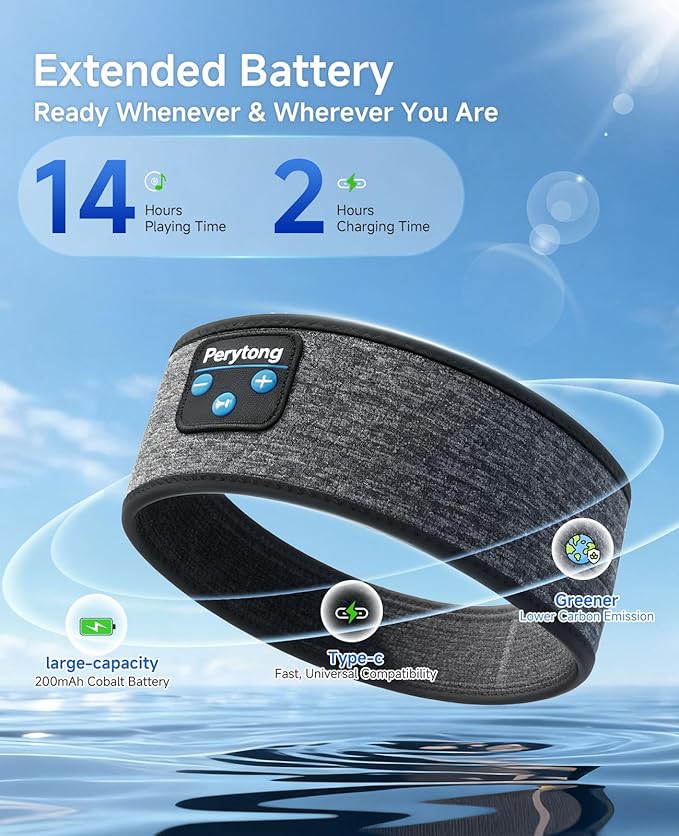 Perytong Sleep Headband Headphones Bluetooth 5.4, Sleeping Headphones Wireless for Side Sleepers, Over-Ear Headphones with HD Stereo Speakers, Sports Headband Eye Mask for Sleeping Yoga Workout