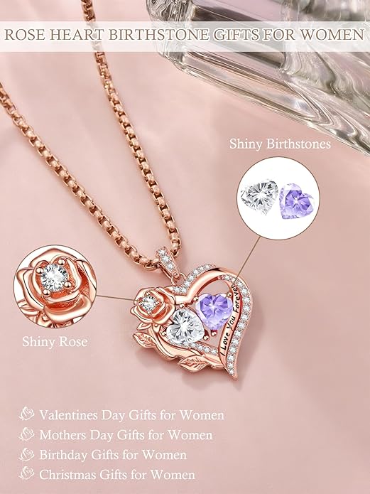 Rose Heart Necklaces for Women, Rose Gold Forever Love Jewelry with 2 Birthstones Pendant, Christmas Anniversarry Birthday Gifts for Her Wife Mom Grandma, 18+2 Inch Chain