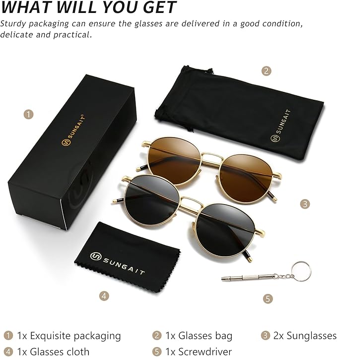 SUNGAIT Ponderable Metal Round Sunglasses for Men Women Classic Vintage Polarized Circle Sun Glasses
