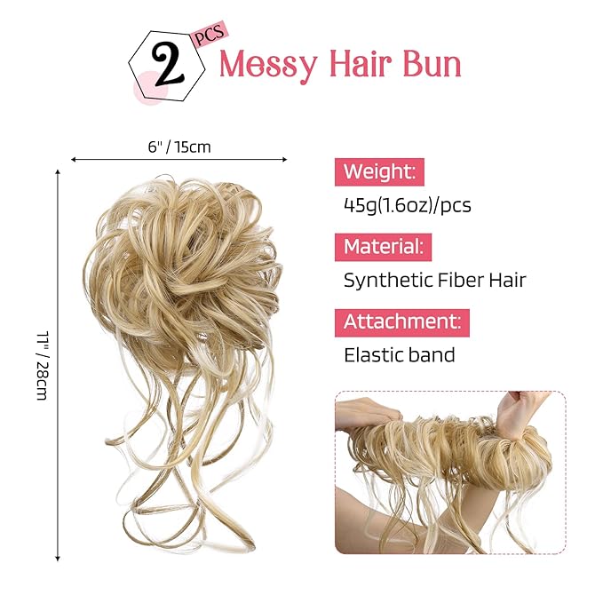 HOOJIH 2PCS Messy Bun Hair Piece, Blonde Mixed - Curly, Heat Resistant, Clip-In
