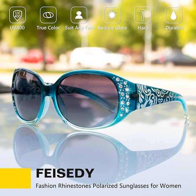 FEISEDY Women's Polarized Sunglasses Wrap Around Rhinestone Design Fashion Sunnies UV400 Protection B1091