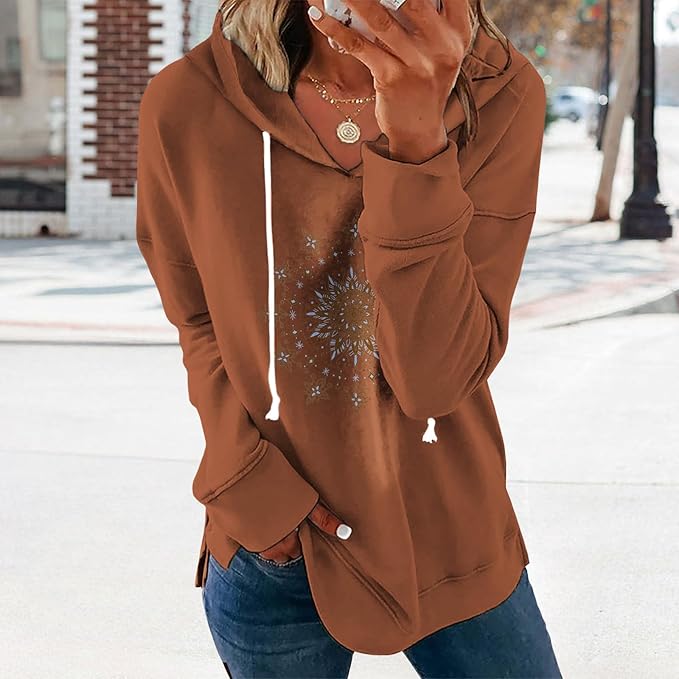 Women's Brown Mandala Print Hoodie Long Sleeve Loose Fit Pullover Sweatshirt With Drawstring For Fall Winter