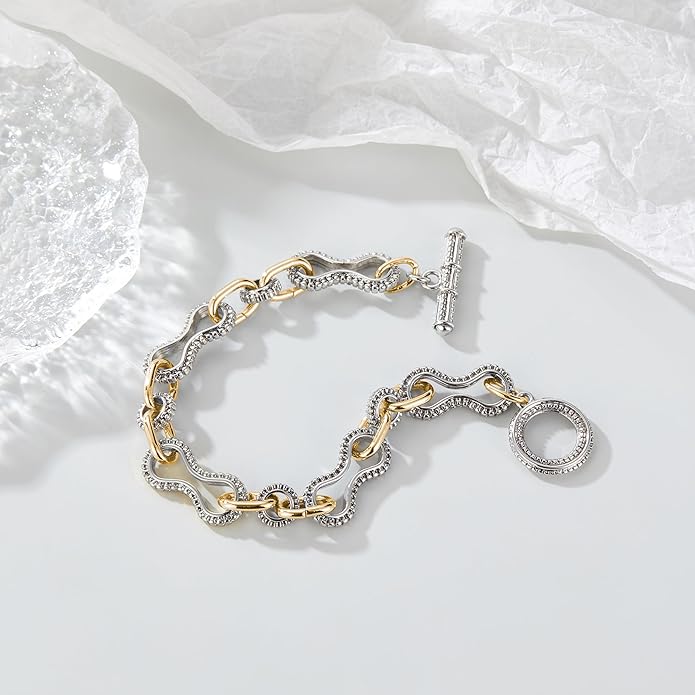 Mytys Chunky Chain Link Bracelet Two-Tone Mixed Metal Textured Toggle Clasp Statement Bangle Bracelet Jewelry for Women Fashion