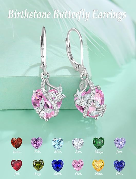 Butterfly Earrings for Women 925 Sterling Silver Heart Earring Birthstone Jewelry