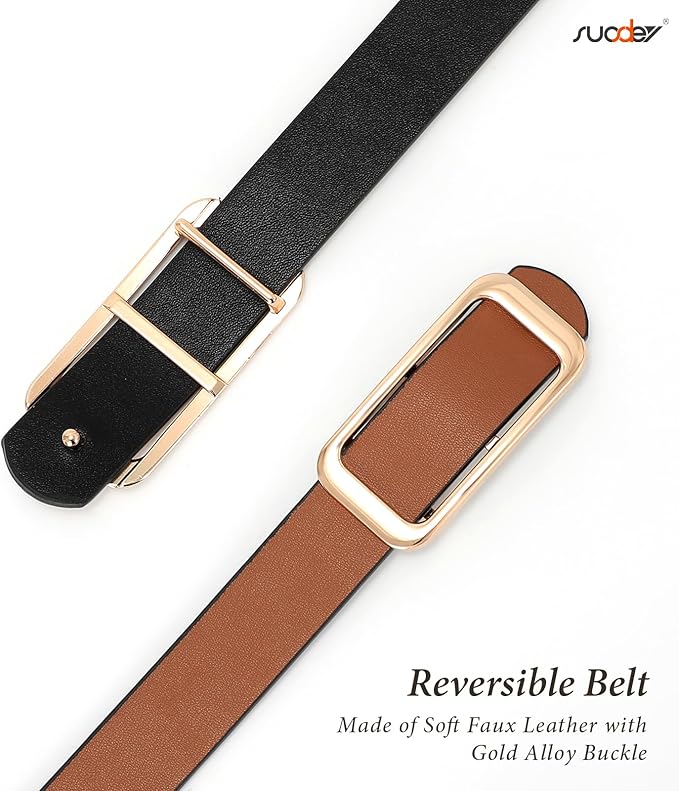 SUOSDEY Women Reversible Leather Belts for Jeans Pants Dresses Ladies Fashion Belts with Gold Buckle, 0.9" Width