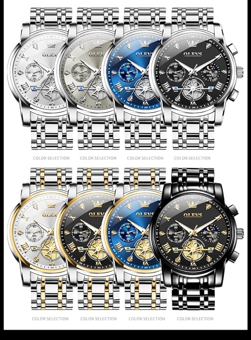 OLEVS Men Silver Watches,Men's Stainless Steel Chronograph Watch,Man Analog Quartz Big Face Male Watches Luxury Waterproof Roman Numeral Dress Diamond Relojes para Hombre