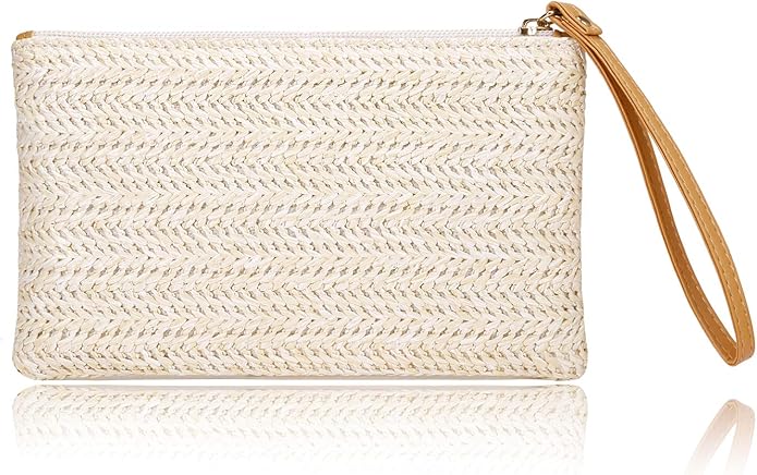 COOKOOKY Womens Straw Clutch Bag Bohemian Summer Beach Straw Purse Zipper Wristlet Wallets for Women