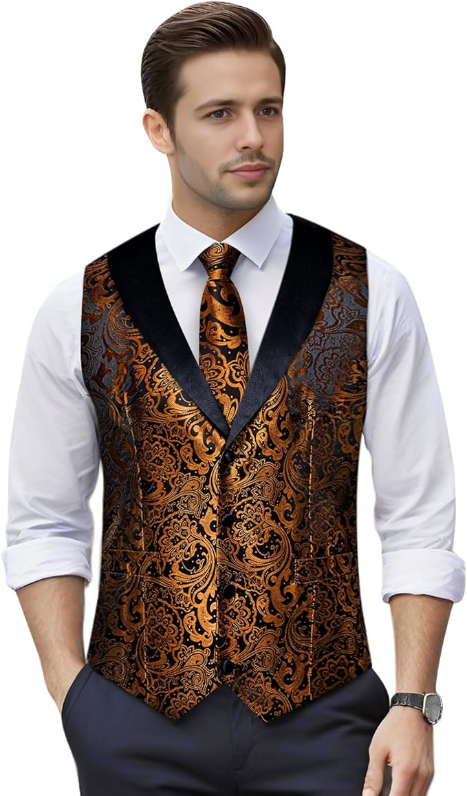 DiBanGu Mens Paisley Suit Vest Silk Jacquard Waistcoat and Necktie Set Formal Shawl Collar Dress Vest 7PCS for Wedding Party