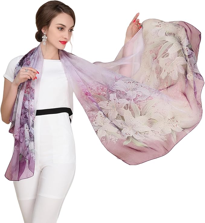 100% Mulberry Silk Women's Neck Silk Scarf-Lightweight Shawl,FLoral Print Beach Silk Wrap-Scarves for Photography