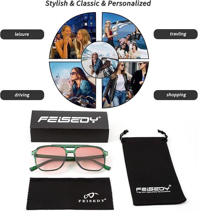 FEISEDY Retro Square Aviator Sunglasses Women Men 70s Vintage Trendy Plastic Frame Sun Glasses B2835