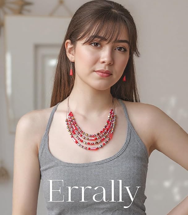 Layered Beaded Statement Necklace Multi Strand Crystal Beads Collar Necklace and Earring Sets for Women Fashion Costume Jewelry Set Gifts for Her