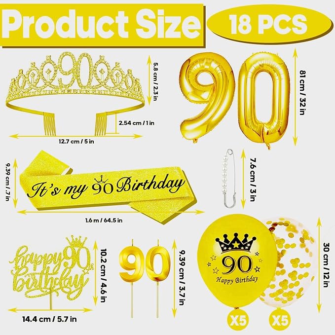 90th Birthday Decorations for Her Girls Set, Include 90th Birthday Crown and 90 Sash, 90th Birthday Cake Topper and 90 Birthday Candles, Gold 90 Balloons, Women 90th Party Supplies(Gold)